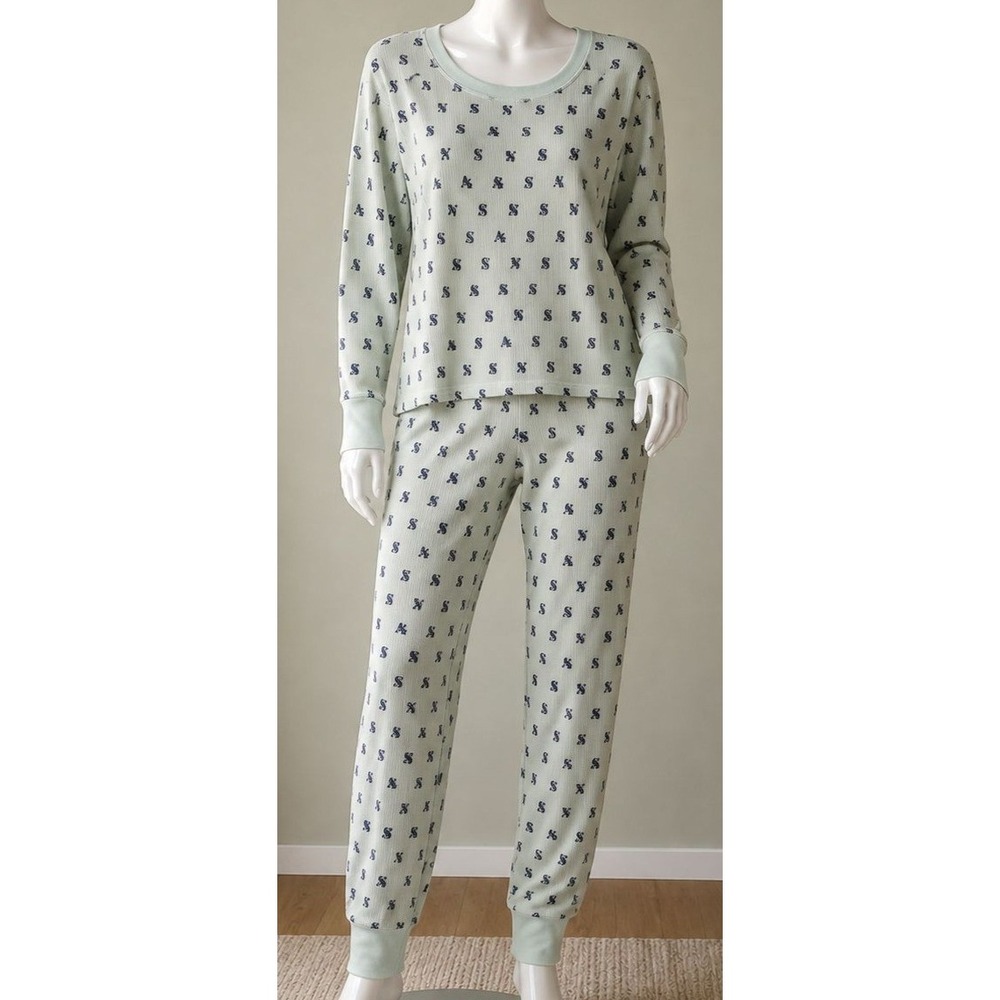 Victoria's Secret Waffle Knit Pajama Top M Green Logo Sleep Shirt Soft Coquette